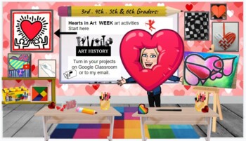 Preview of Valentines Day Art . Elementary Art Bitmoji Classroom . Virtual Art Unit