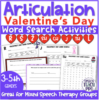 Preview of Valentines Day Articulation Word Search Activities | R S Z SH CH J TH L