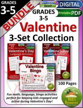 Preview of Valentine Math, Language, Bingo Activities Bundle - Print and Digital Versions