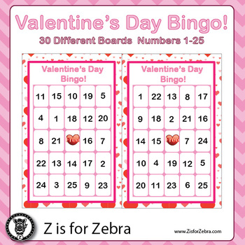 Valentine's Day Bingo - 30 Different Boards, Numbers, Tokens { Z is for ...