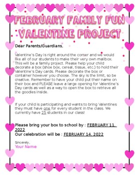 Preview of Valentines Day Box Project Letter to Parents