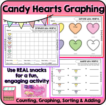 Preview of Valentines Day Candy Heart Activity | Count, Graph, Sort, & Add Math Worksheets