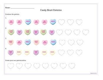 Preview of Valentine's Day Candy Heart Patterning Worksheet PreK Activity