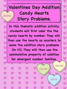 Preview of Valentines Day Candy Hearts Addition Story Problems with counters
