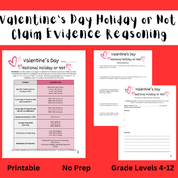 Preview of Valentines Day Claim Evidence Reasoning (CER) - Statistics and Data - Printable