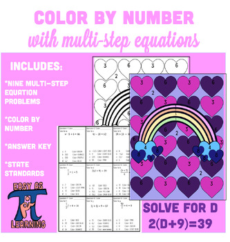 Preview of Valentines Day- Color By Number- Multi Step Equation Activity