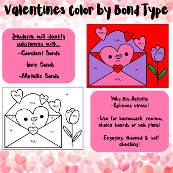 Preview of Valentines Day Color by Bond Type Worksheet | Covalent, Ionic, Metallic