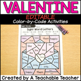 Valentines Day Coloring | Valetine's Day Color by Code - EDITABLE