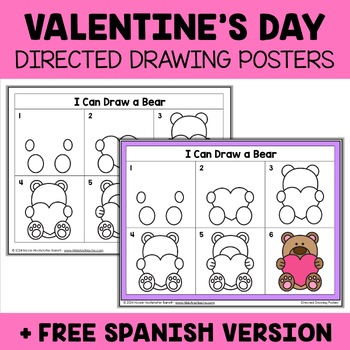 Preview of Valentines Day Directed Drawing Posters + FREE Spanish