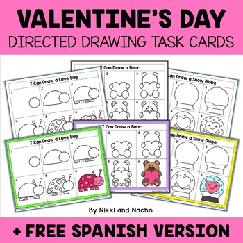 Preview of Valentines Day Directed Drawing Task Card Activities + FREE Spanish