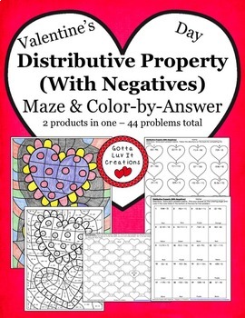 Preview of Valentine's Day Math Distributive Property With Negatives Maze & Color by Number