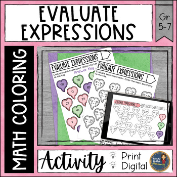 Preview of Valentine's Day Evaluate Expressions Activity - Math Color Page