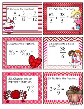 Valentine's Day Fraction Math Task Cards for 4th Grade by Monica Abarca