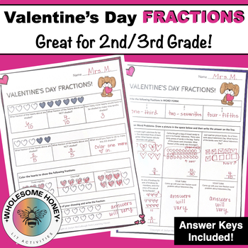 Preview of Valentines Day Math Fraction Worksheets- For 2nd/3rd Grade!