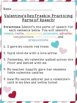 Valentine's Day Freebie: Practicing Parts of Speech! by Jay-el Resources