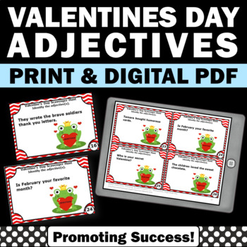 Preview of Valentines Day Speech Therapy Adjective Game Task Cards 1st 2nd Grade Grammar