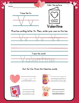 Preview of Valentines Day Handwriting Practice Letter V Trace & Color Write Valentine Words