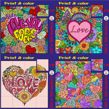 Preview of Valentines Day Hearts Zentangle Collaborative Coloring Posters Bundle, Puzzle