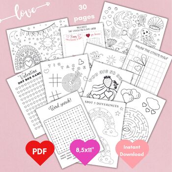 Preview of Valentines Day Kids Coloring Sheets, Mermaid Activity games Bundle, Word search