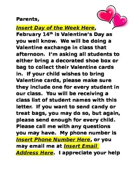 Preview of Valentine's Day Letter to Parents
