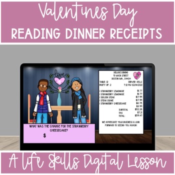 Preview of Valentines Day Life Skills Dinner Receipt Reading & Comprehension Digital Lesson