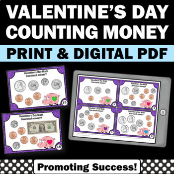 Preview of Valentines Day Math Counting Money Task Cards 2nd Grade Math Review Games Center