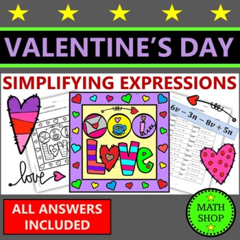 Preview of Valentines Day Math Coloring Activities Algebra Combining Like Terms