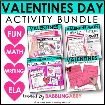 Preview of Valentines Day Math, ELA, Writing, & Craft Bundle for Kindergarten & First Grade