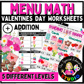 Preview of Valentines Day Math Life Skills Special Education menu addition Money centers