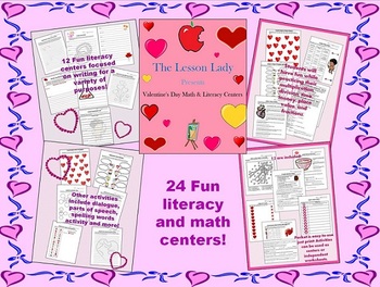 Preview of Valentine's Day Math & Literacy Worksheets & Activities for Centers