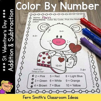 Preview of Valentine's Day Color By Number Addition and Subtraction Bundle