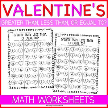 Preview of Valentines Day Math Worksheets - Comparing Numbers Greater Than Less Than