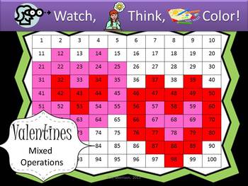 Preview of Valentine's Day Mixed Operations - Watch, Think, Color Game!