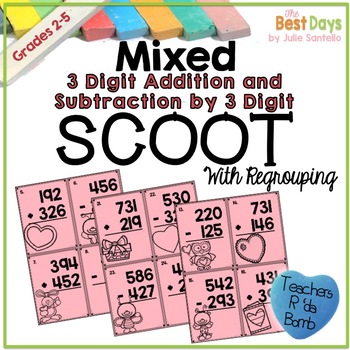 Preview of Valentines Day Math Scoot |  Regrouping 3 Digit Addition and Subtraction Scoot