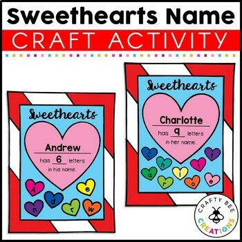 Preview of Valentines Day Name Craft Sweethearts Candy Hearts Math Kindergarten Preschool