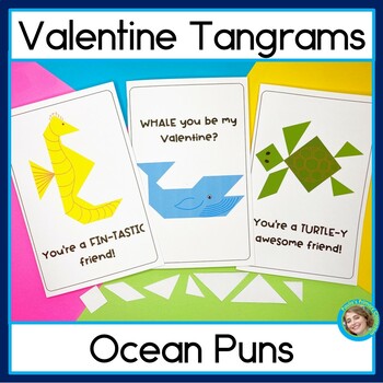 Preview of Ocean Tangram Puzzle Valentines Day Cards for Students With Puns