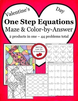 Preview of Valentine's Day Math Solving Equations One Step Equations Maze & Color by Number