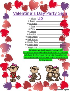 Valentines Day Party Sign Up Sheet by The PreK Squad TPT