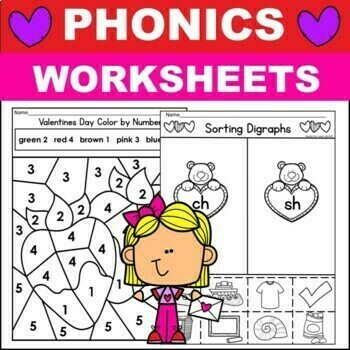 Preview of Valentines Day Phonics Worksheets Digraphs CVC Words Syllables and More