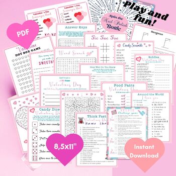 Preview of Valentines Day Printable Games, Kid, Adult, Classroom Activity for Kids and Teen