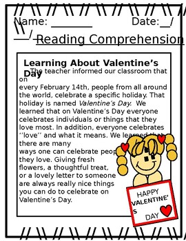 Preview of Printable Valentines Day Reading Comprehension