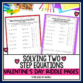 Solving Two Step Equations Valentine's Day Riddle Activity Pages