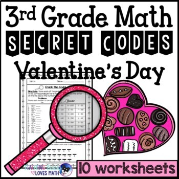 Preview of Valentines Day Secret Code Math Worksheets 3rd Grade Common Core