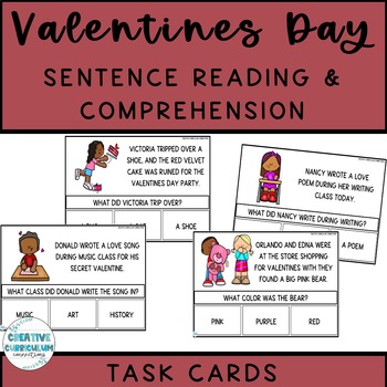 Preview of Valentines Day Sentence Reading & Comprehension WH Questions Task Card