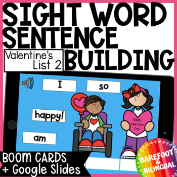 Preview of Valentines Day Sight Word Sentence Building List 2 - Boom Cards & Google Slides