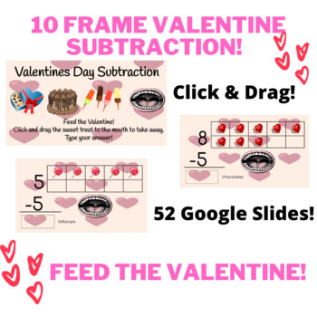 Preview of Valentines Day Subtraction Ten Frame, Click & drag! Interactive! Google Slides!