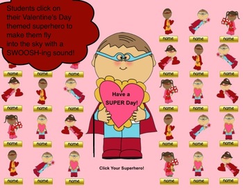 Preview of Valentine's Day Superhero SMART Board Attendance Activity w/ Animation & Sound