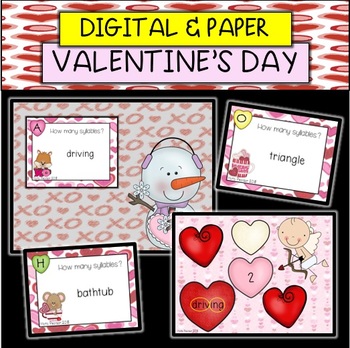 Preview of DIGITAL and PAPER Valentine's Day Syllables Task Cards/Write the Room