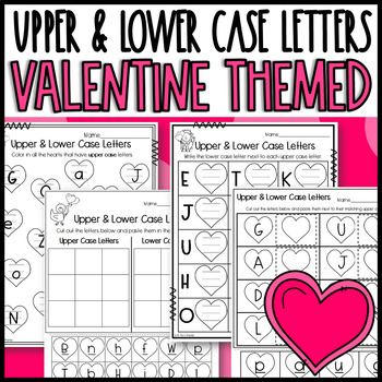 Preview of Valentines Day Themed Upper Case and Lower Case Letters Sorts and Worksheets