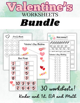 Preview of Valentines Day Worksheet Bundle-Math and ELA-Kinder and 1st-February